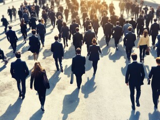 Large group of business people in suits walking outdoors in morning light heading to work