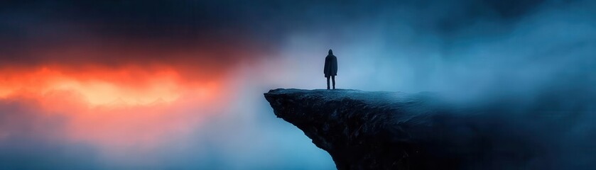 A solitary figure stands on a cliff, surrounded by dramatic clouds and a stunning sunset, evoking feelings of freedom and adventure.