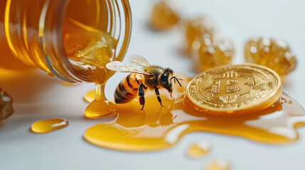 A bee on spilled honey next to a golden Bitcoin, symbolizing the connection between nature and cryptocurrency.