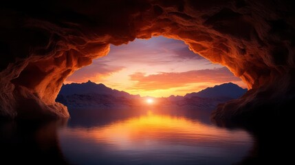 A stunning cave view at sunset, reflecting vibrant colors on still water, surrounded by majestic mountains.