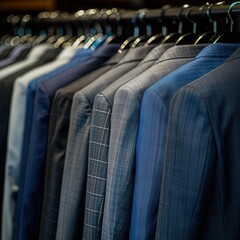 Obraz premium Neatly arranged row of men's business suits, varying shades of grey and blue, professional office attire display, elegant showroom lighting,