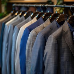 A neatly arranged row of men's business suits, varying shades of grey and blue, professional office attire display, elegant showroom lighting,