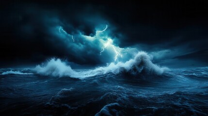Fototapeta premium Dramatic ocean scene with dark waves illuminated by bright lightning, capturing the power of nature amidst a stormy atmosphere.