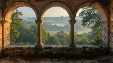 Stone Archway View of Misty Valley