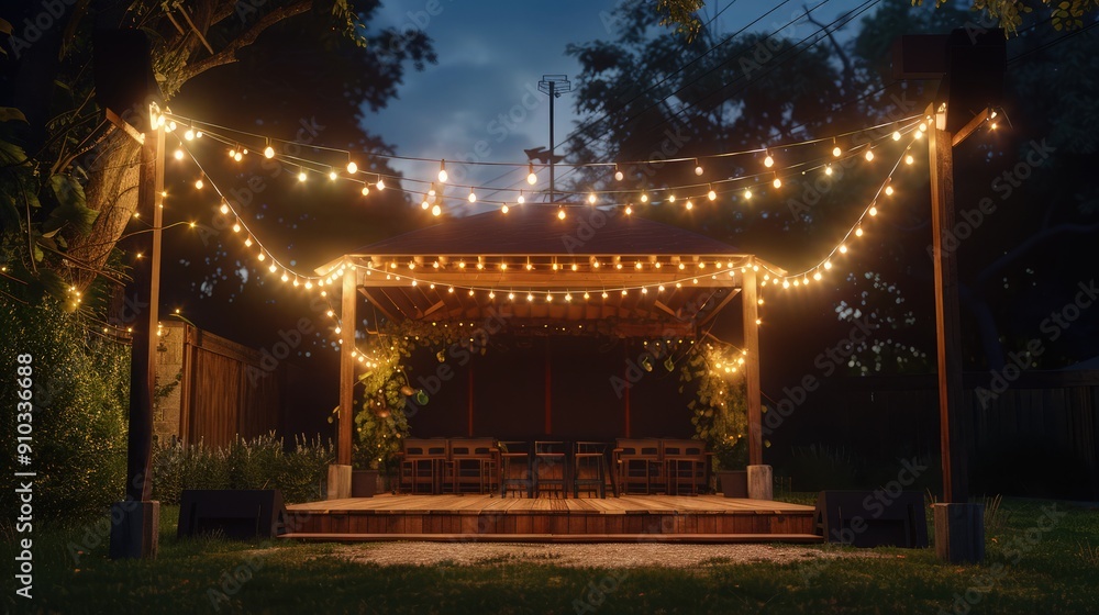 Poster string lights creating a canopy above a small outdoor amphitheater, their soft illumination enhancin