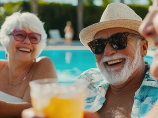 A group of seniors relaxing and socializing by the swimming pool, perfect for retirement homes or wellness centers