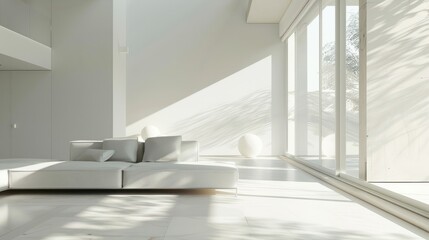 Fototapeta premium Close-up of a minimalist living room in a white house, with clean lines and abundant natural light creating a serene and spacious atmosphere