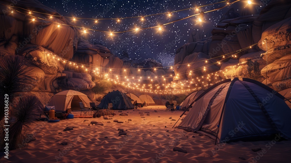 Poster string lights draped above a desert campsite, casting a soft glow on the sand and tents, creating a 