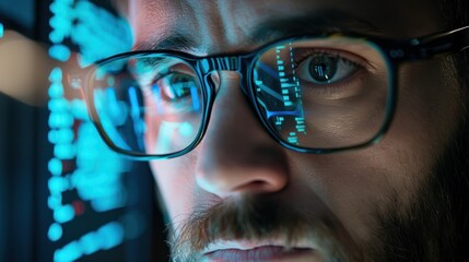 Cyber security concept. Close up of man in glasses looking at computer screen with code.