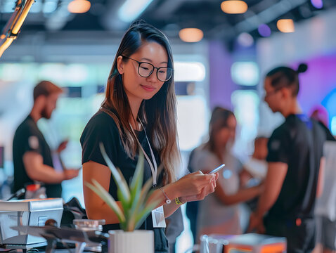 Professionals in matching black shirts and khakis setting up tables and chairs for an event.