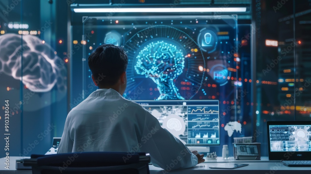 Poster scientist analyzing data on advanced ai interface in futuristic laboratory