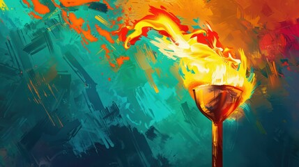 Olympic fire torch colorful illustration with copy space. Olympic flame, summer games opening ceremony, celebration. Paris, summer Olympic games 2024