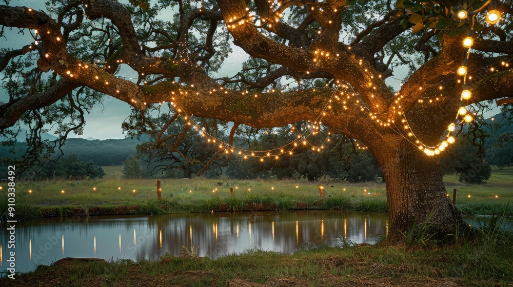 Poster string lights hanging from the branches of a large oak tree in a country field, their reflection in 