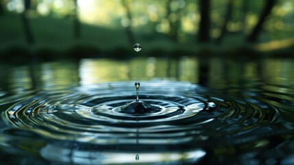 The moment a water drop touches the surface of a tranquil pond, capturing the ripples as they spread in the early morning silence of a natural reserve.