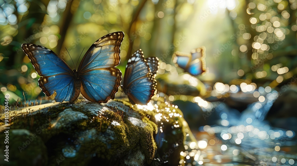 Poster three butterflies, one blue, rest on a moss-covered rock by a bubbling creek, the sunlight filtering
