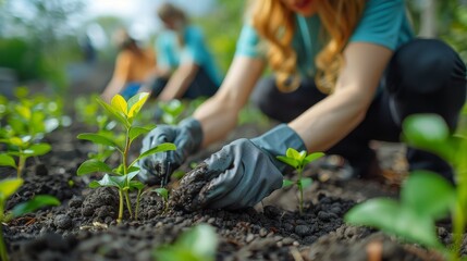 A woman is planting a tree in a garden
