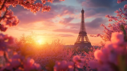 Eiffel Tower at sunset in spring capturing the blooming flowers in Paris