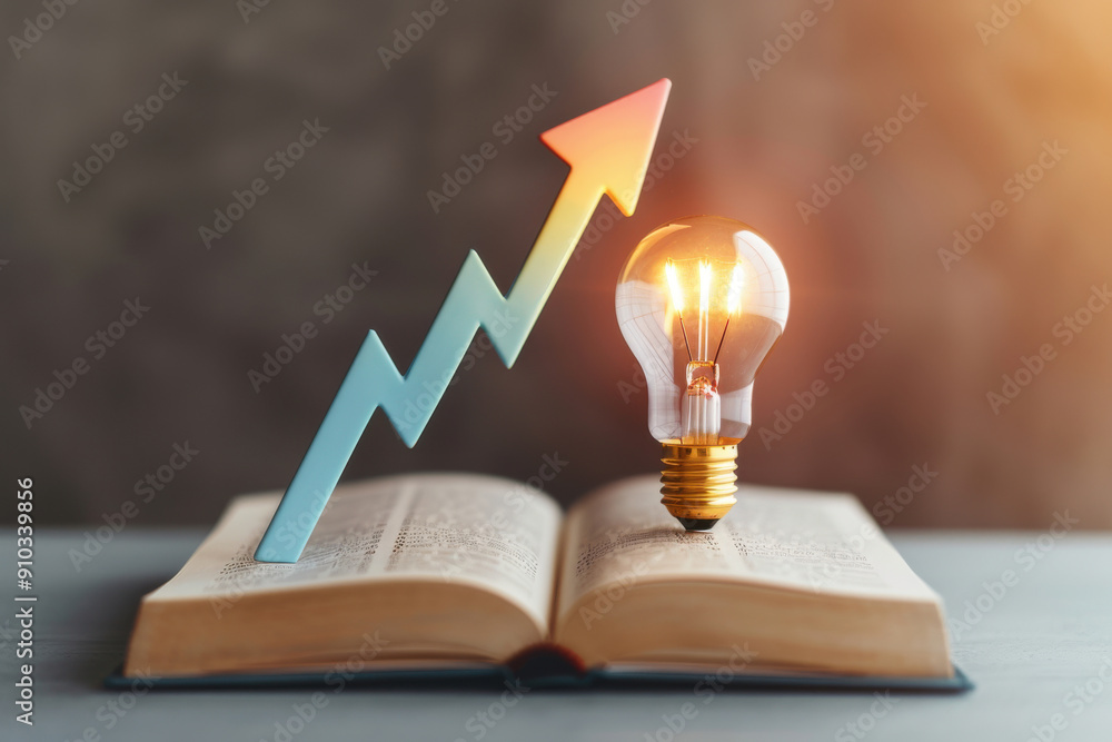 Poster a glowing light bulb above an open book symbolizes innovation, growth, and learning with an upward a