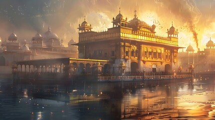 Fototapeta premium Sikh gurdwara with golden domes and ornate architecture, glowing under the sky