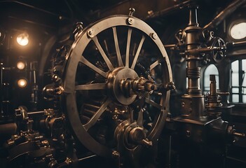 Obraz premium ahead full vintage room concept engine ships telegraph speed ship lever steam sailing boat old captain closeup control technical nautical maritime