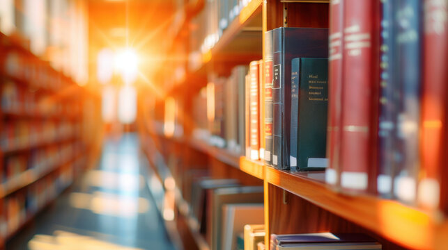 A peaceful library scene with sunlight illuminating colorful books on shelves, inviting readers to explore knowledge and imagination.