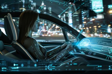 A sleek futuristic car speeds through a city street at night, with neon lights illuminating the surroundings, Autonomous vehicle systems, Ai generated