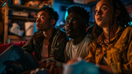 Obraz premium Three people are sitting on a couch and playing a video game