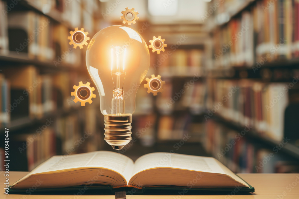 Poster an illuminated light bulb above an open book symbolizes creativity and knowledge in a library settin