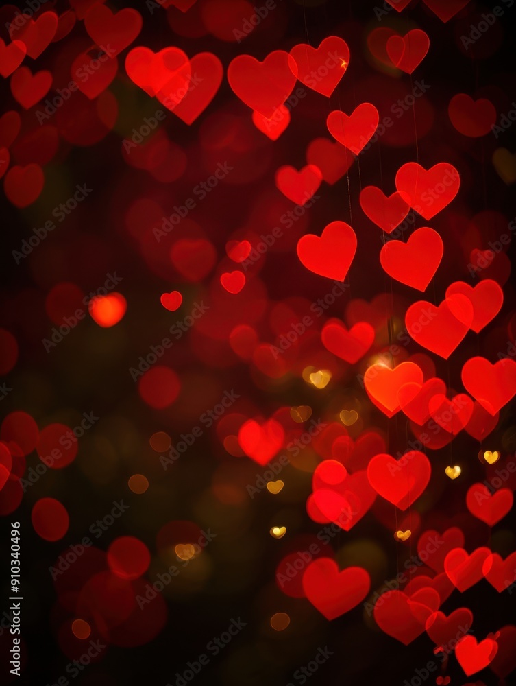 Poster glowing red hearts suspended in a dark sparkling bokeh backdrop