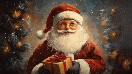 Santa Claus with Gift, Christmas Cheer: A jolly Santa Claus smiles warmly, holding a wrapped gift in front of a snowy Christmas backdrop, evoking the magic of the holiday season.  