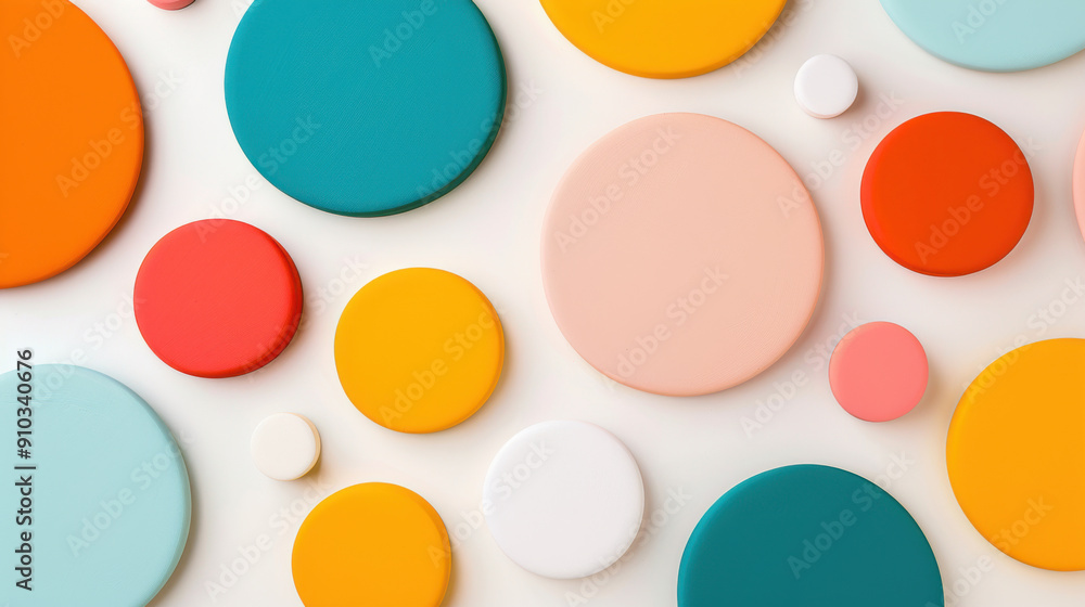 Poster colorful circles in various sizes arranged artistically on a surface, creating a vibrant and playful