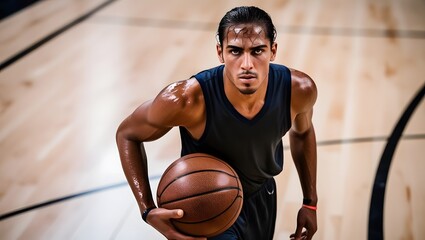 Basketball player is holding basketball ball on a court, close up photo.