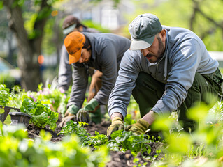 Landscapers work together, planting and maintaining a colorful garden under a bright, sunny sky.