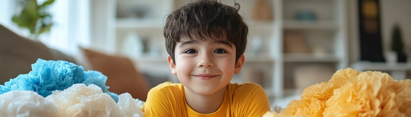 Obraz premium Young boy designing colorful fun themed tissue dispensers offering a playful product for families to brighten up their homes