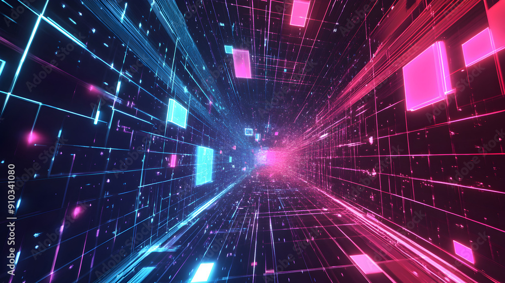 Poster vivid digital tunnel with glowing neon squares and lines creating a futuristic atmosphere of cybersp