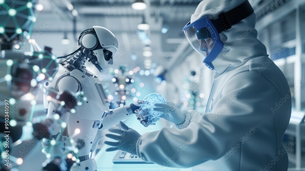Aufkleber a 3d rendering of a scientist and a robot working together in a cleanroom environment, focusing on t