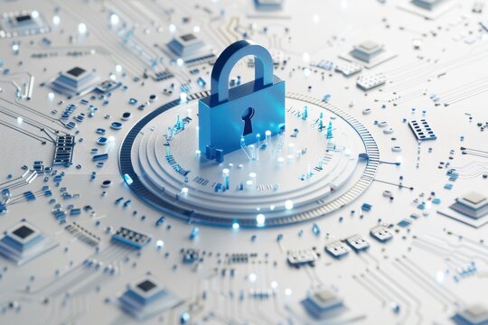 Abstract digital security background with blue padlock icon surrounded by binary code and circular shapes on white backdrop, symbolizing cyber security or data protection concept Generative AI