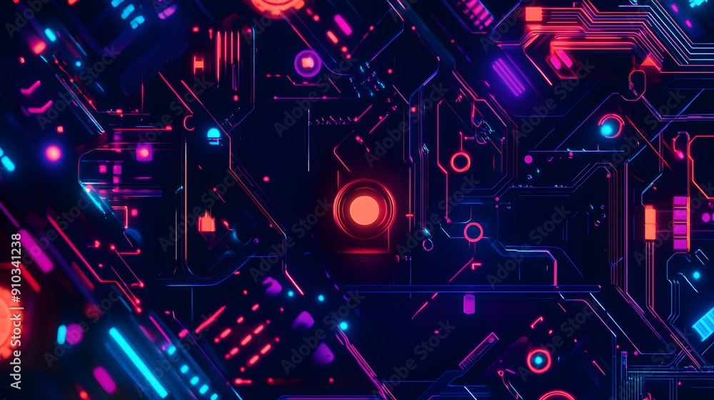 Poster futuristic digital circuitry with glowing lines and vibrant colors creates a dynamic and abstract te