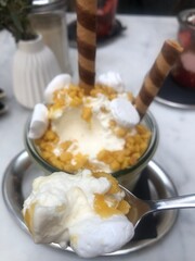 dessert with cream and crispy