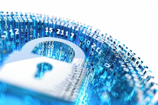 A blue digital lock surrounded by white binary code on the left side of an abstract circle, representing data security and cyber protection in virtual space Generative AI