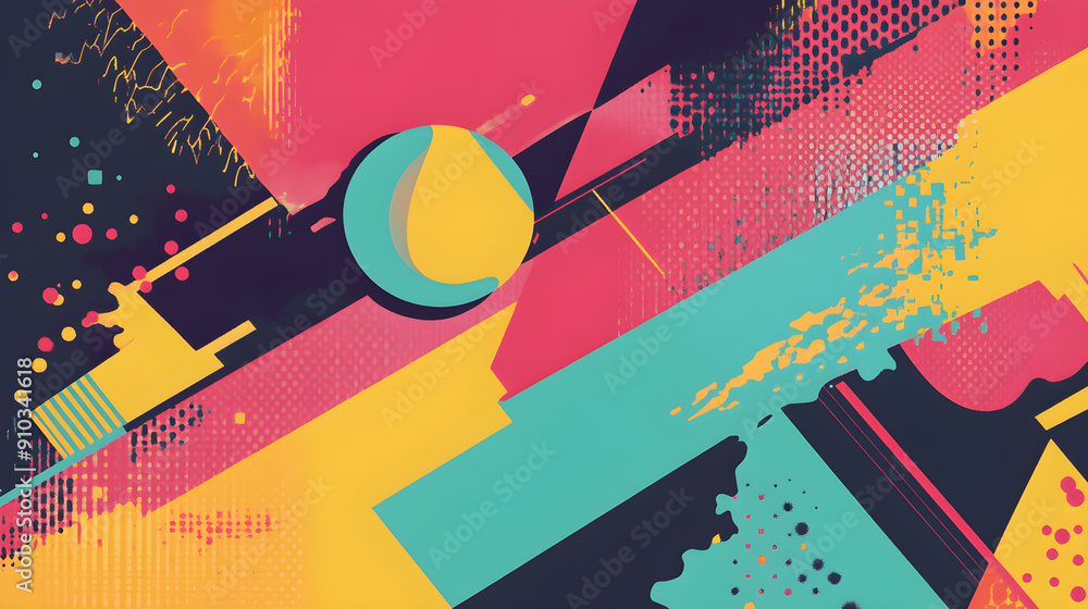 Poster bright and vibrant abstract composition featuring bold shapes and colors, combining geometric lines 