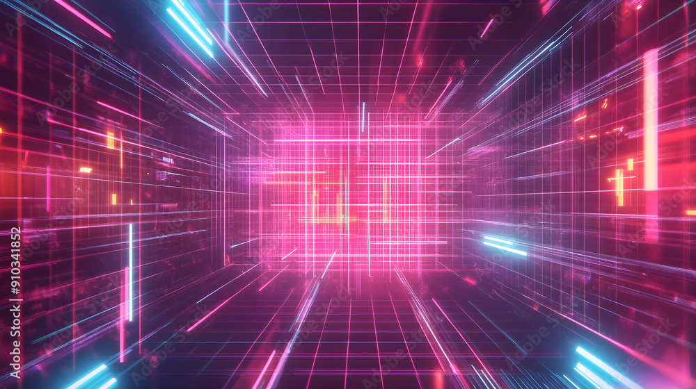 Poster a vibrant digital tunnel with glowing neon lines in pink and blue creating a futuristic atmosphere o