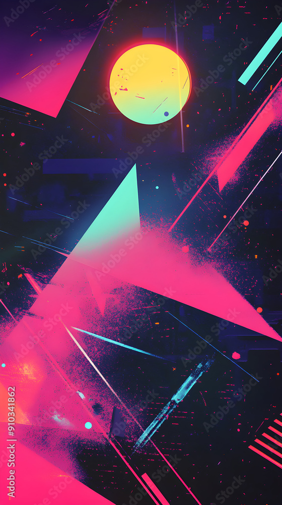 Poster vibrant abstract shapes and colors create a dynamic composition with neon hues enhancing a sense of 