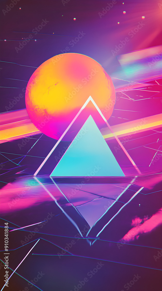 Poster a vibrant geometric composition featuring a glowing sphere and triangle against a colorful abstract 
