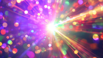 Fototapeta premium Colorful lights burst in a radiant display of vibrant hues, creating an energetic and magical atmosphere filled with sparkling bokeh effects