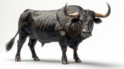 Powerful black bull standing on white background