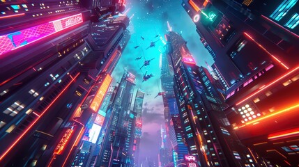 3D render of a futuristic cityscape with towering skyscrapers