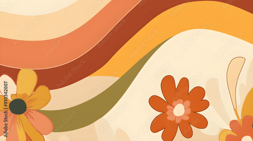 Poster colorful retro pattern featuring vibrant flowers and wavy lines in warm tones creating a cheerful an