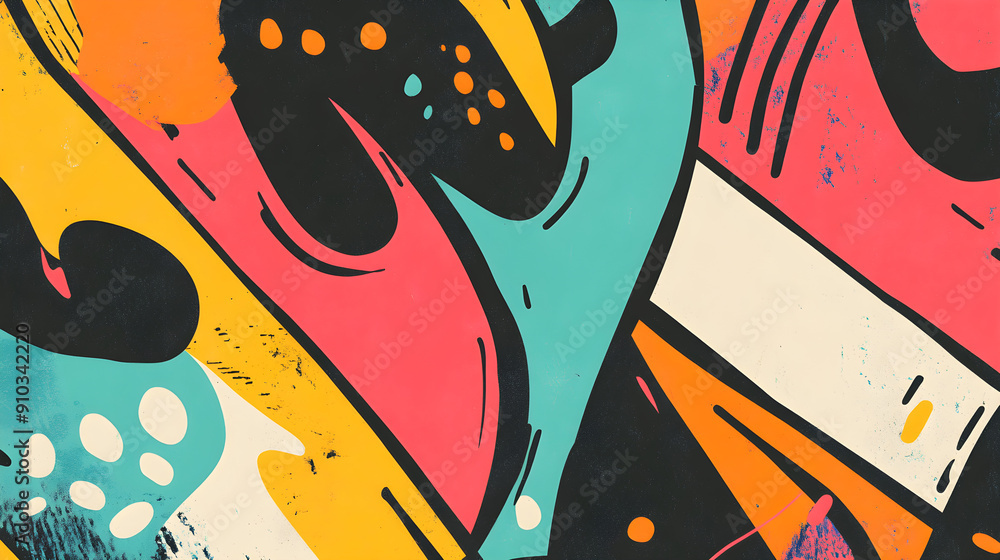 Poster vibrant abstract artwork featuring bold colors and dynamic shapes creating a lively and energetic co