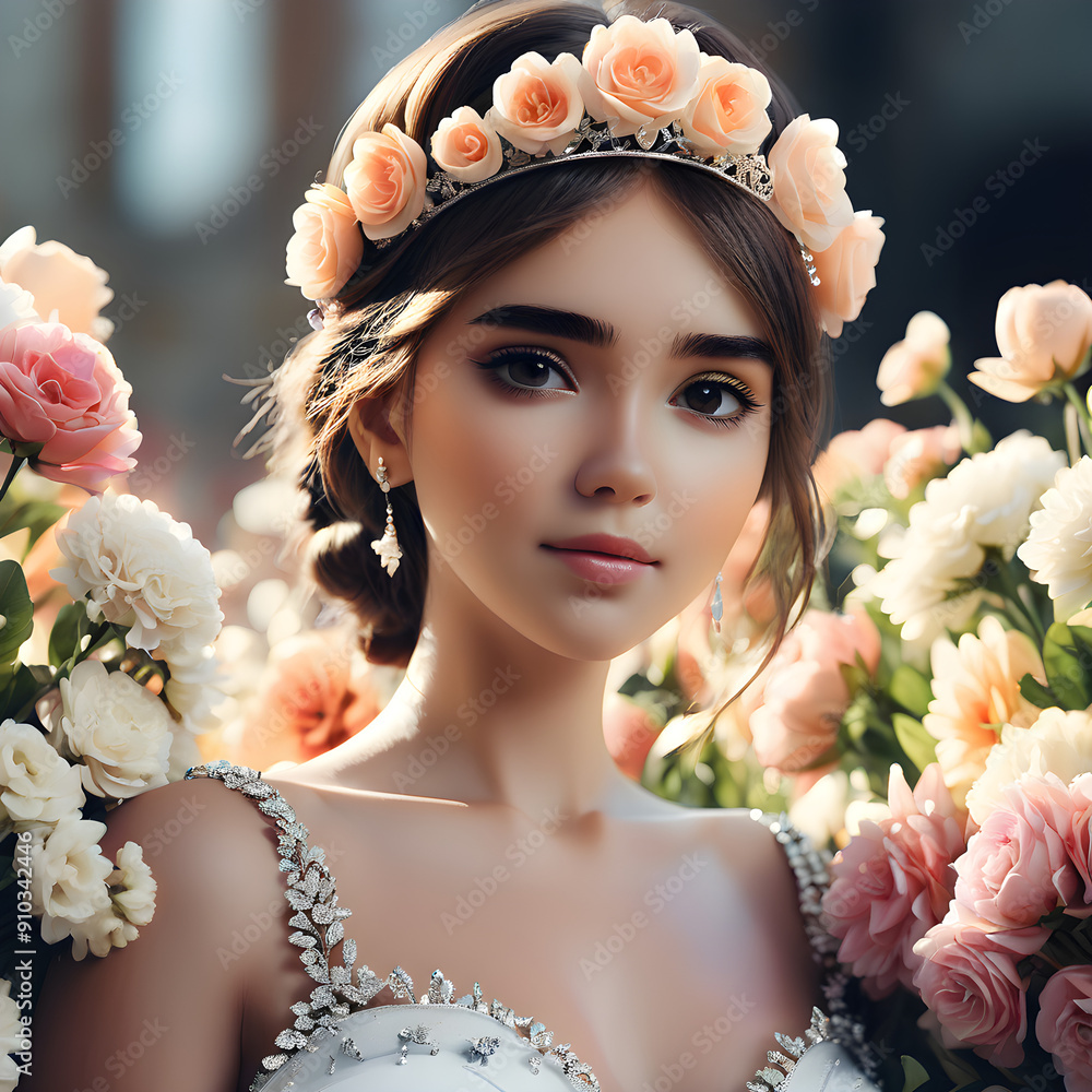 Poster Una princesa de pelo negro y piel blanca, con una linda corona de flores